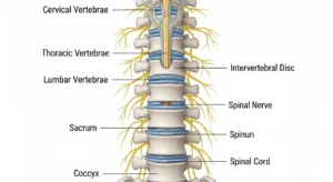 Diagrama de la columna vertebral con vértebras, discos, nervios y médula espinal
