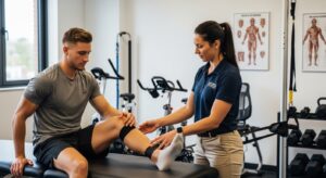 Fisioterapeuta guiando ejercicios de rehabilitación para una lesión deportiva