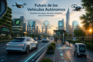 Calle de una ciudad futurista con vehículos autónomos y elementos de ciudad inteligente al atardecer
