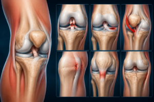 Ilustración médica mostrando diferentes tipos de lesiones de rodilla y daño en ligamentos, cartílago y huesos