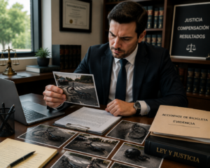 Abogado revisando evidencia de accidente de bicicleta