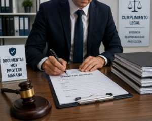 Abogado revisando un reporte de incidente y documentos legales en una oficina profesional