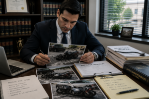 Abogado revisando evidencia de accidente de motocicleta