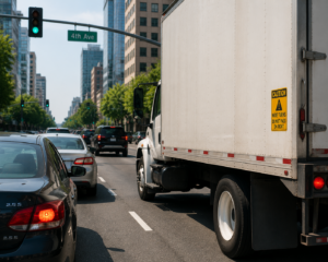 Camión de entrega con puntos ciegos en carretera urbana