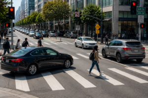 Intersección urbana con riesgos para peatones y tráfico vehicular