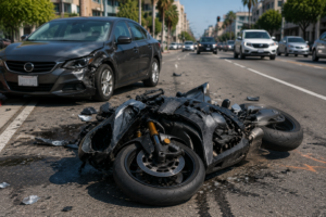 Motocicleta dañada después de una colisión urbana
