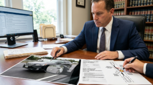 Abogado revisando evidencia de accidente por punto ciego